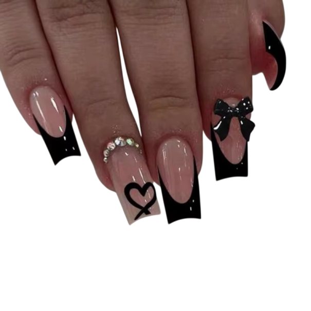 Unghii artificiale pătrate 24 bucăți cu decor de fundițe și inimioare Lipici și pilă Set elegant DIY pentru manichiură acasă și în salon pentru femei și fete 1