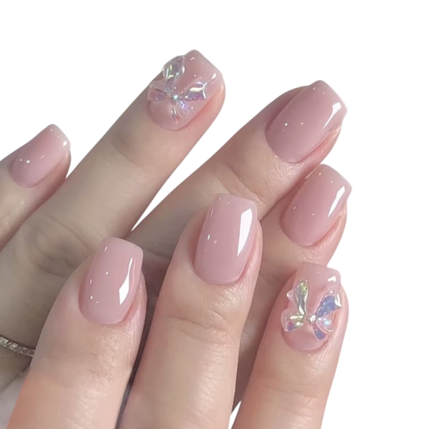 Unhas artificiais curtas quadradas 24 pcs Cobertura total Pontas de acrílico autocolantes com laços 3D Manicura DIY elegante para uso diário 1