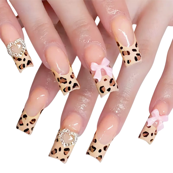 Unhas de acrílico da moda para mulheres e raparigas com ponta francesa, padrão de leopardo, laços 3D e corações, vários tamanhos, forma quadrada 1