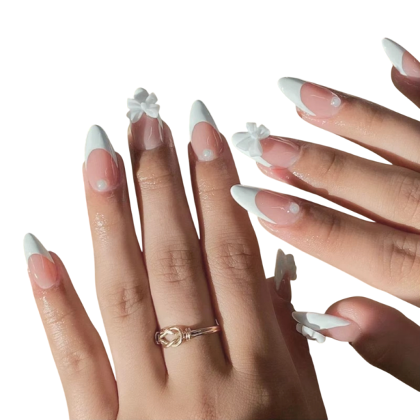 Unhas de amêndoa artificiais de tamanho médio 24 pcs Pontas francesas adesivas com cobertura total Laços 3D e pérolas Manicure em acrílico DIY 1
