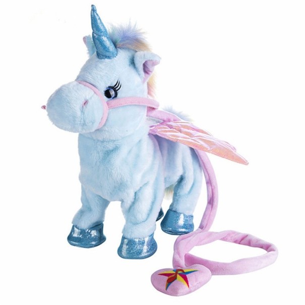 Unicornio de peluche con correa azul claro