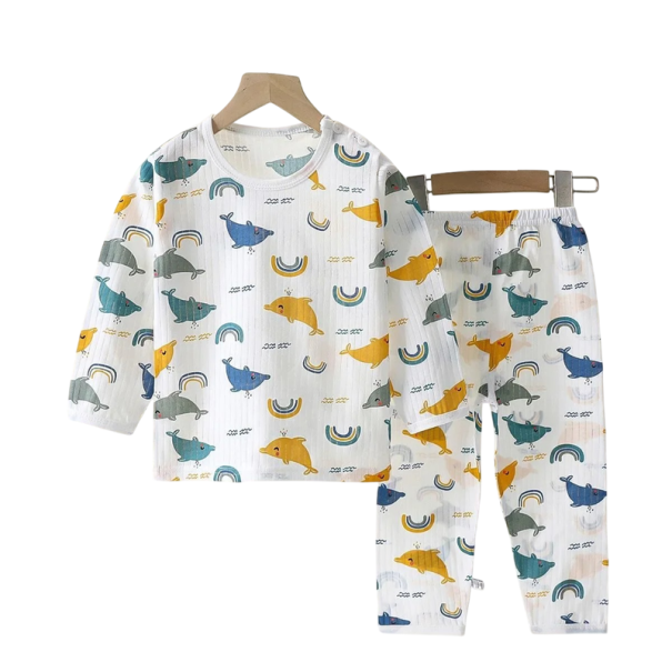 Unisex barn vit set t-shirt med lång ärm och byxor med resår Delfin och regnbåge tryck Rund hals 9-12 månader
