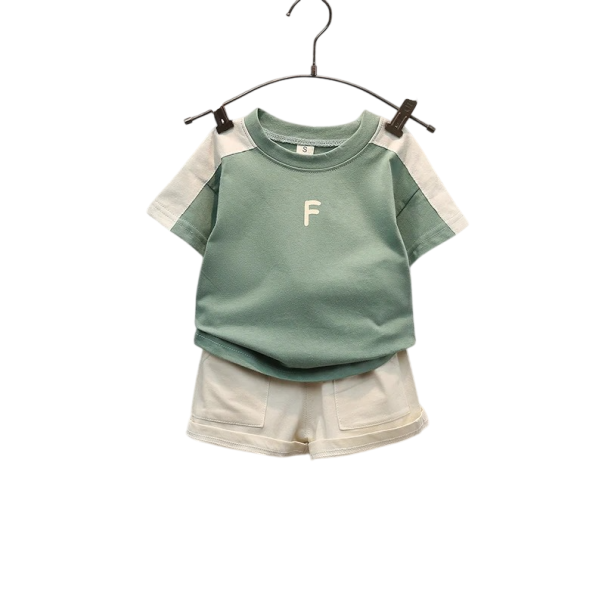 Unisex børns sommer sæt T-shirt med korte ærmer med teksten F og shorts Rund hals Komfortabel elastisk sæt grøn 3