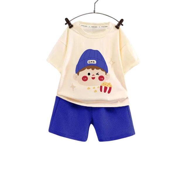 Unisex børns sommer sæt t-shirt med korte ærmer og shorts Rund hals Print af dreng med popcorn Behageligt sæt blå 6-12 måneder