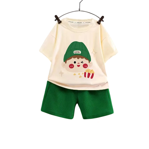 Unisex børns sommer sæt t-shirt med korte ærmer og shorts Rund hals Print af dreng med popcorn Behageligt sæt grøn 6-12 måneder
