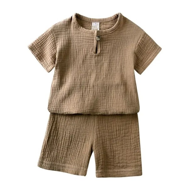 Unisex dětský jednobarevný set tričko s krátkým rukávem a kraťasy na gumu Knoflíky ve výstřihu Výstřih do O hnědá 3