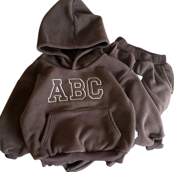 Unisex dětský set Mikina s kapucí a kapsami s nápisem abc a kalhoty Výstřih do O Pohodlný teplý komplet hnědá 7