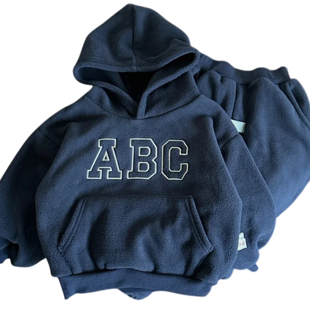 Unisex dětský set Mikina s kapucí a kapsami s nápisem abc a kalhoty Výstřih do O Pohodlný teplý komplet tmavě modrá 9-12 měsíců
