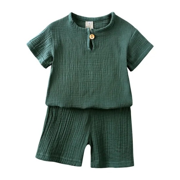 Unisex kinder eenkleurige set T-shirt met korte mouwen en shorts met elastische taille Knopen in de hals O-hals legergroen 7