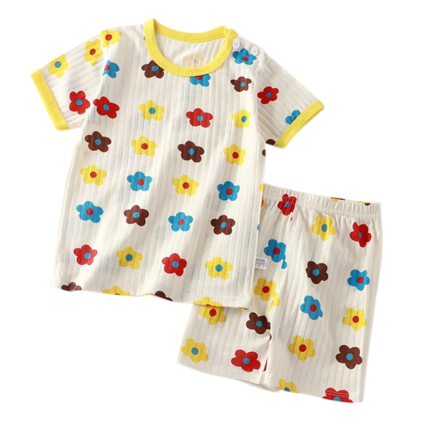 Unisex Kinder Sommer Set T-Shirt mit kurzen Ärmeln und Shorts Rundhalsausschnitt Beiger Komplett mit Blumenmuster 5