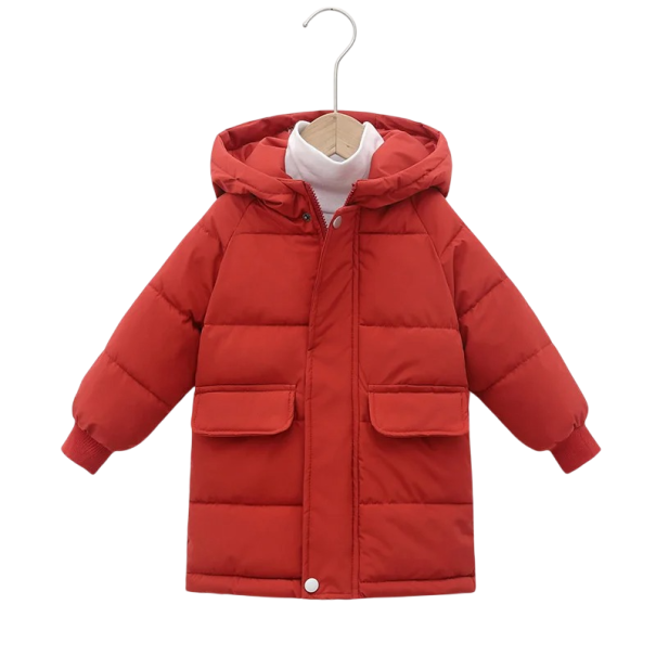 Unisex kinder winterjack met rits en knopen, met capuchon en zakken, warme katoen-polyester jas voor jongens en meisjes, comfortabele winterdraag rood 10
