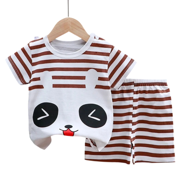Unisex lasten setti t-paita lyhyillä hihoilla ja shortsit joustovyöllä Puuvillakompletti ruskealla raidallisella t-paidalla ja pupun 4
