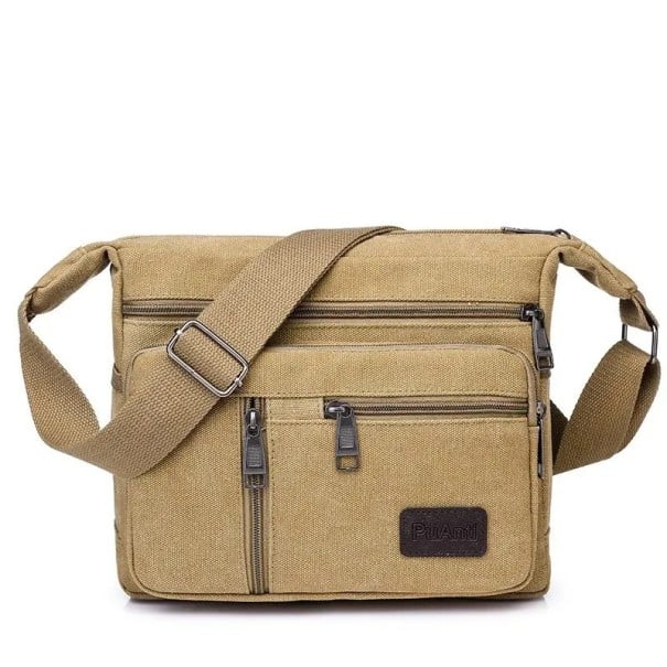Unisex plátěná taška přes rameno 31×11×24 cm Ležérní batoh a crossbody kabelka Pánská dámská cestovní brašna Peněženka do města i na výlety khaki