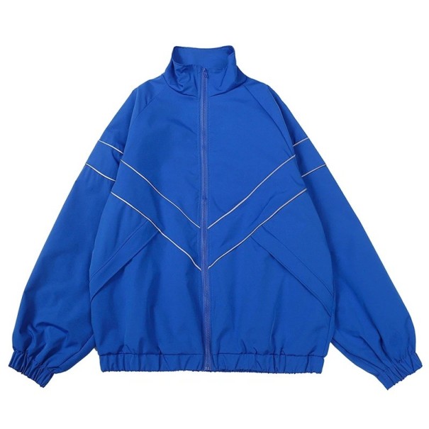 Unisex sportovní bunda na zip s elastickými manžetami a švy ve tvaru V Lehká volnočasová bunda s vysokým límcem Streetwear styl modrá XL