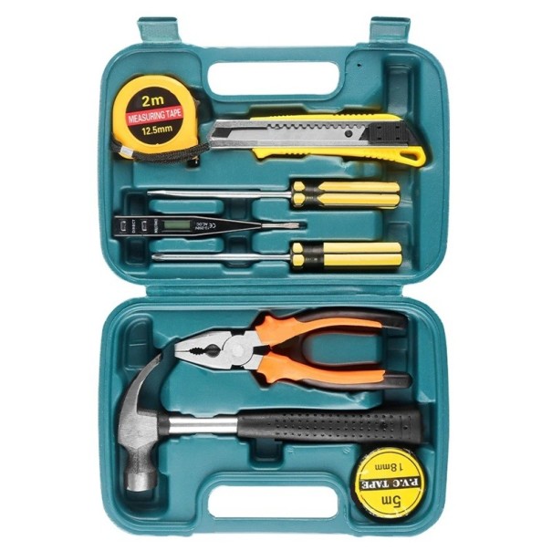 Universal Hand Tool Set 9 pcs in Plastic Case Hammer Pliers Screwdrivers Knife Tape Measure Tester Home Repairs Practical Equipment blue