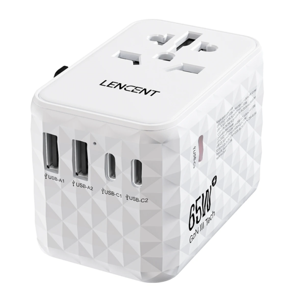 Universal Travel Adapter EU UK US AU 2× USB 3× USB-C AC Output 65W DC Charger 2500W 100–250V for International Use on the Go white