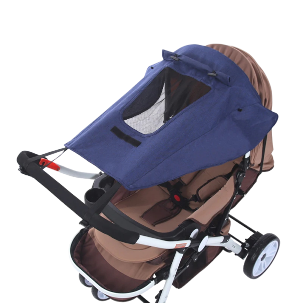 Universele zonnekap voor kinderwagens met UV-bescherming voor ramen. Zonnekap voor autostoel en diepe en sportkinderwagen. blauw