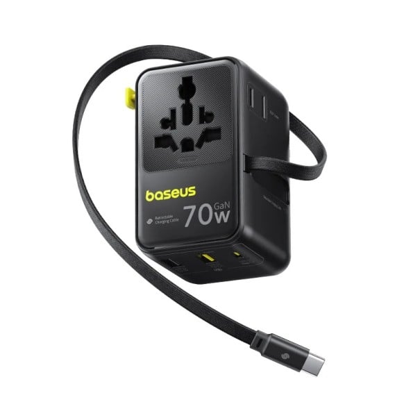 Universeller Reiseadapter 70W GaN mit aufrollbarem Kabel 2x AC 2x USB-A USB-C Schnellladung für Telefon Tablet Laptop schwarz