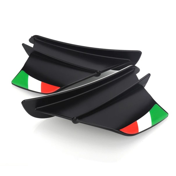Univerzální aerodynamická křídla na kapotáž motocyklu 17,7 x 4,2 cm boční spoilery matná černá s trikolorou samolepicí montáž 1