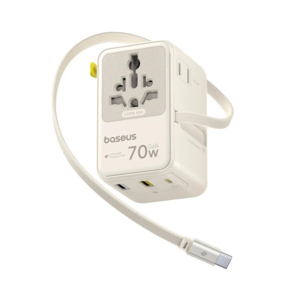 Univerzální cestovní adaptér 70W GaN s navíjecím kabelem 2x AC 2x USB-A USB-C rychlé nabíjení pro telefon tablet notebook bílá