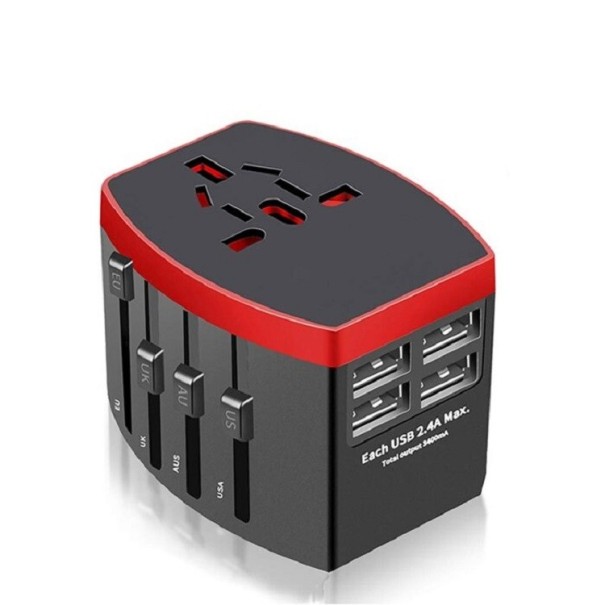 Univerzální cestovní síťový adaptér s 4x USB portem červená