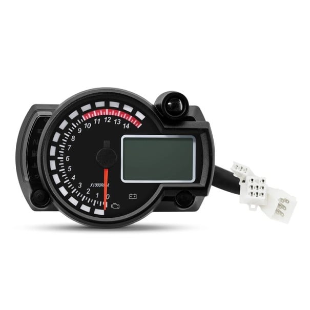 Univerzální digitální tachometr na motorku 12V LCD počítadlo km rychlost 0 až 299 km/h ABS 7 barev podsvícení černý 140 x 100 x 53 mm 1