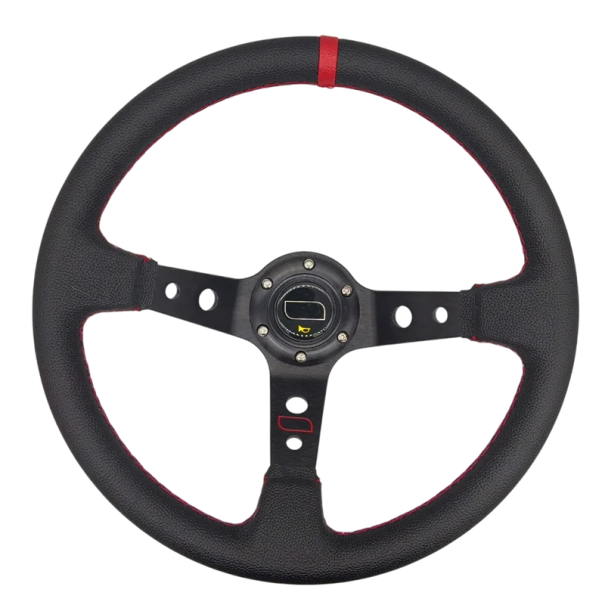 Univerzální kožený volant pro autozávody průměr 35 cm Sportovní volant do auta Ergonomický design Protiskluzový povrch Komfortní úchop červená