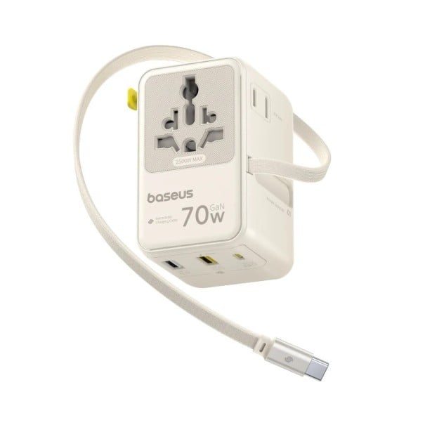 Univerzálny cestovný adaptér 70W GaN s navíjacím káblom 2x AC 2x USB-A USB-C rýchle nabíjanie pre telefón tablet notebook biela