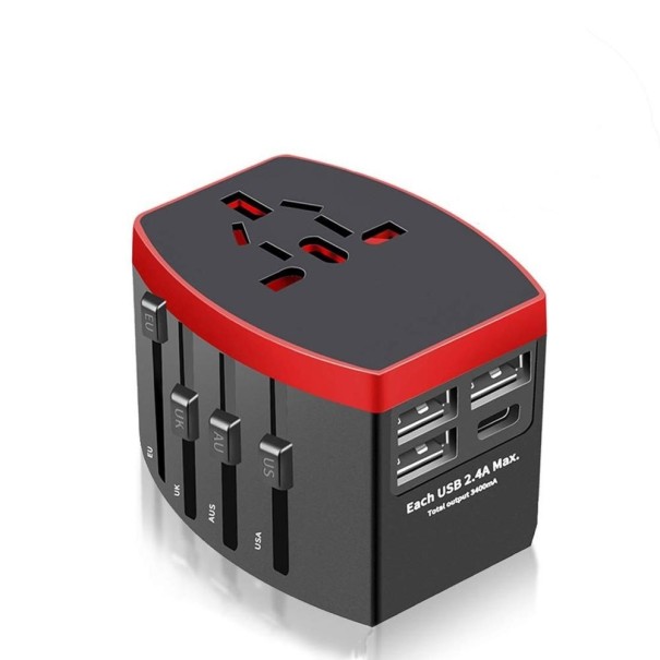 Univerzálny cestovný sieťový adaptér s 3x USB a 1x USB-C portom červená
