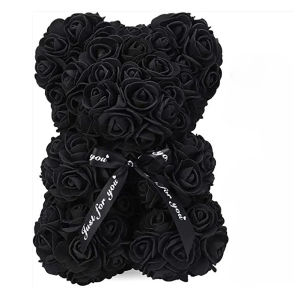 Urso de rosas artificiais com fita preta Figura floral artesanal Presente de Dia dos Namorados Decoração romântica Adorno de luxo para o interior 25 cm preto