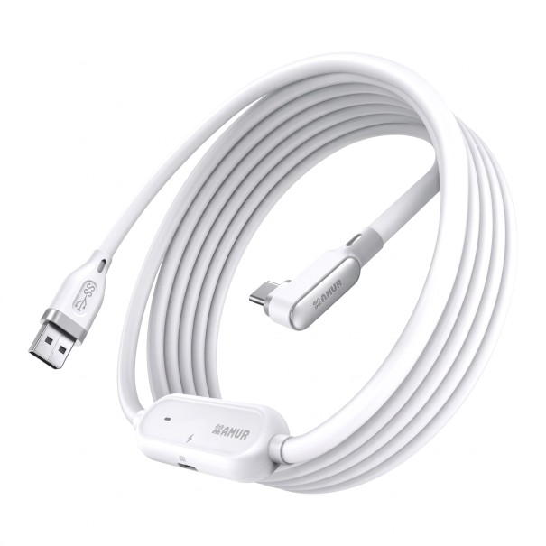 USB-A til USB-C forbindelseskabel med 18 W opladning og vinkelstik i hvid farve til Quest 3/3S/2/Pro og Pico 4/Ultra til PC og SteamVR 1