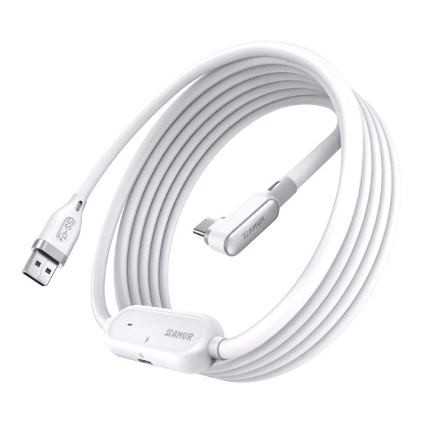 USB-A - USB-C -liitäntäkaapeli 18 W latauksella ja kulmaliittimellä valkoisena Quest 3/3S/2/Pro ja Pico 4/Ultra -laitteille PC:lle ja SteamVR:lle 1