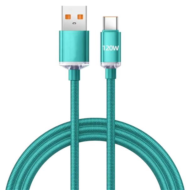 USB A - USB C -pikalatauskaapeli 1,5 m 120 W 6 A nailonpunottu kaapeli, erittäin nopea lataus ja tiedonsiirto, tyypin C PD-yhteensopiva vihreä