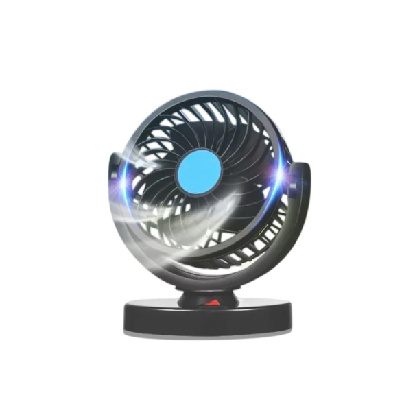 USB-Autoventilator mit 5 V Stromversorgung und drehbarem Kopf in Schwarz-Blau mit Schalter auf runder Basis für PKWs und Minibusse mit Autobatterie