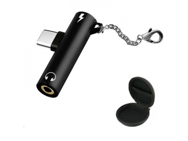 USB-C -adapteri 3,5 mm jackille ja USB-C:lle kuuntelua ja lataamista varten Musta alumiiniseosrunko Avainlenkki ja karabiini Kuulokekotelo 1