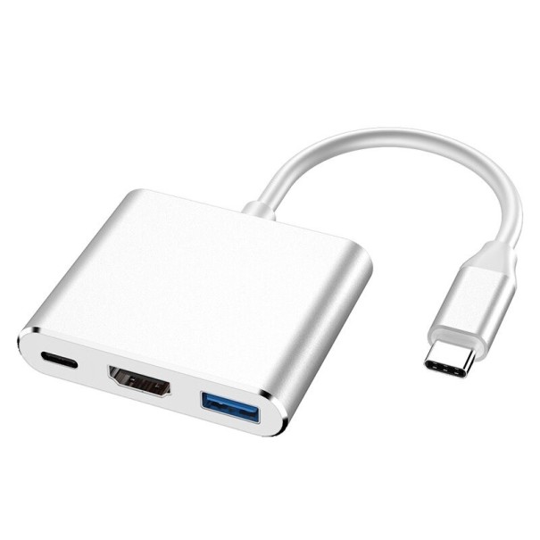 USB-C–HDMI- / USB-C- / USB 3.0 -sovitin hopeinen