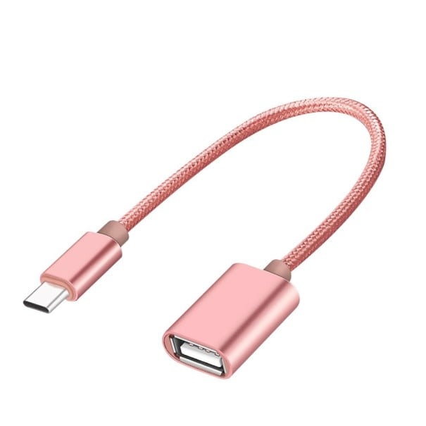 USB-C naar USB 2.0 adapter voor het aansluiten van een flashdrive of muis op een telefoon Geweven nylon kabel Aansluitingen roze