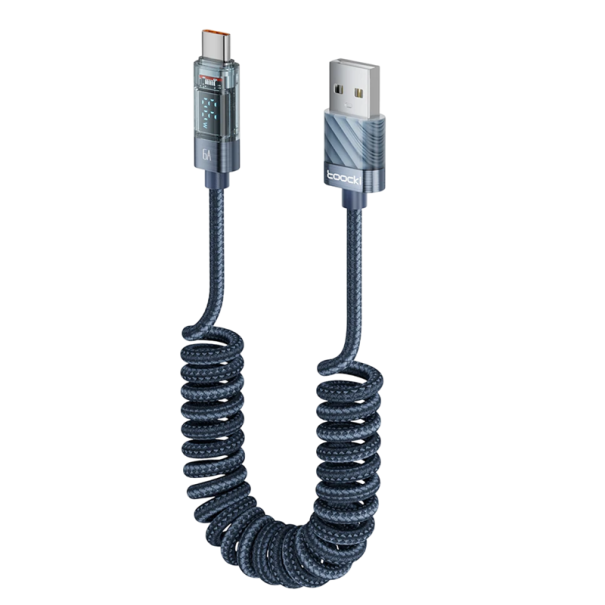 USB C til USB A hurtigopladerkabel 1,8 m 66W 6A fleksibelt fjederkabel med LED-skærm USB 2.0 datakabel 480 Mbps Type-C opladekabel blå