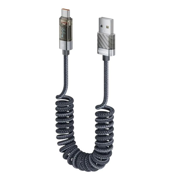 USB C till USB A snabbladdningskabel 1,8 m 66 W 6 A flexibel fjäderkabel med LED-display USB 2.0-datakabel 480 Mbps typ-C laddningskabel grå