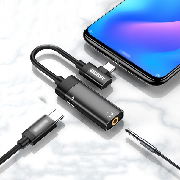USB-C to 3.5mm Jack and USB-C Cable Adapter for Headphones and Phone Charging 2-in-1 Hub USB-C Socket on the Side Aluminium Alloy black 2