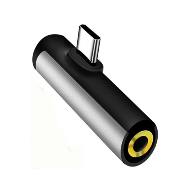 USB-C to 3.5mm Jack and USB-C Hub 2-in-1 for Connecting Headphones to Devices with USB-C Port L-Shaped Design Aluminium Alloy and TPE silver