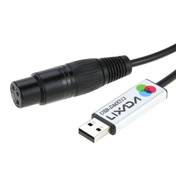 USB DMX rozhranie adaptér z USB A na 3pin DIN dĺžka 106 cm podpora softvéru Freestyle a Windows čierne na ovládanie LED osvetlenia 1