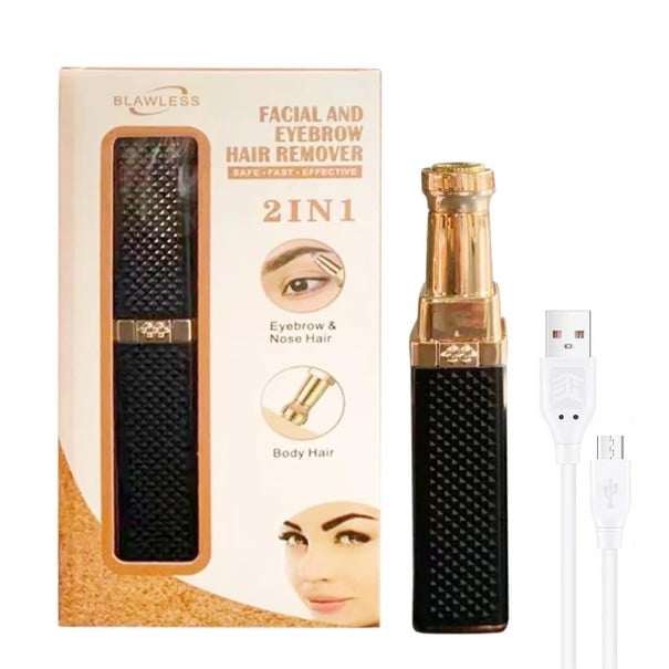 USB dobíjecí zastřihovač obočí a chloupků 12,5 x 2 cm 2v1 omyvatelná hlavice vestavěné světlo zlatý pro ženy černá