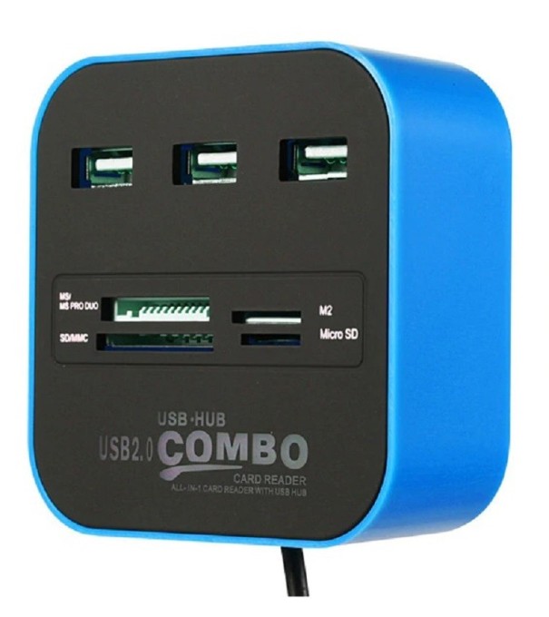 USB-hub og hukommelseskortlæser blå