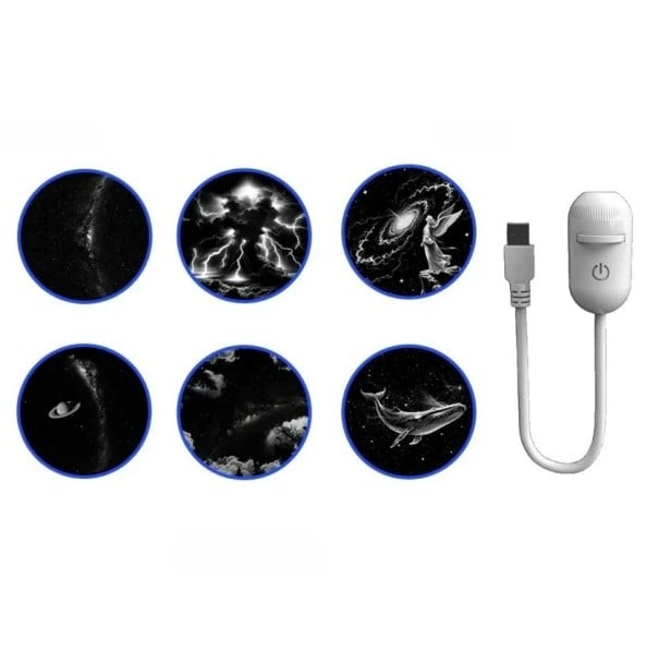 USB LED projektor nočnej oblohy s 6 vymeniteľnými diskami galaxie búrka Saturn veľryba anjel biely do auta a izby nočné svetlo 1
