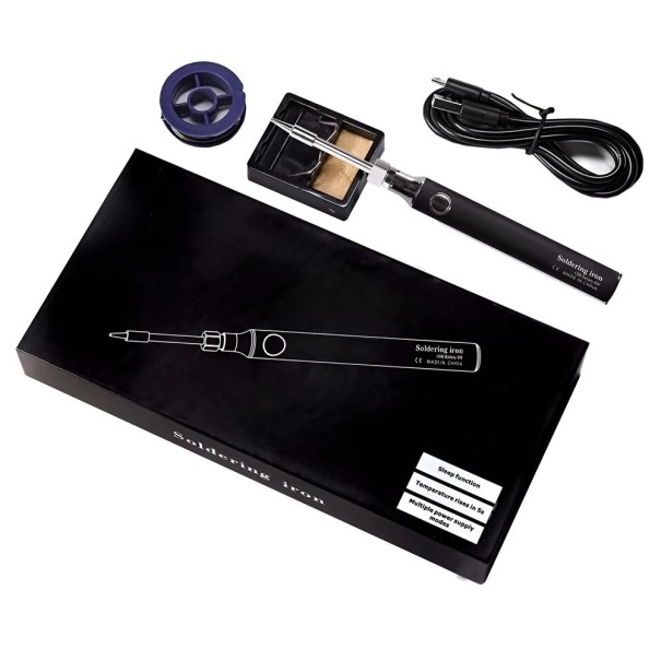 USB-lödkolv med justerbar temperatur 330-450 °C Digital minilödpenna med viloläge-funktion Set med kabel, stativ och svamp svart