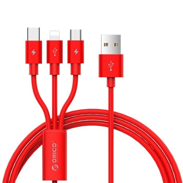 USB-Micro USB / USB-C / Lightning-latauskaapeli K665 punainen