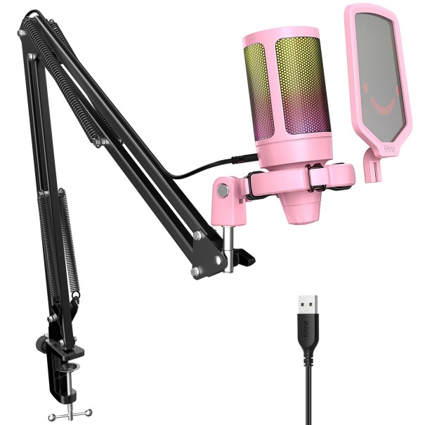 USB mikrofón s farebným podsvietením 192 kHz Dotykové stlmenie Ohybné rameno Držiak proti otrasom Filter proti sykavkám Záznam zvuku PC PS5 ružová