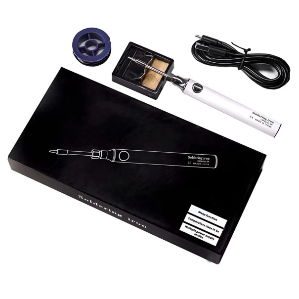 USB páječka s nastavitelnou teplotou 330–450 °C Digitální mini pájecí pero s funkcí spánku Sada s kabelem, podstavcem a houbičkou bílá