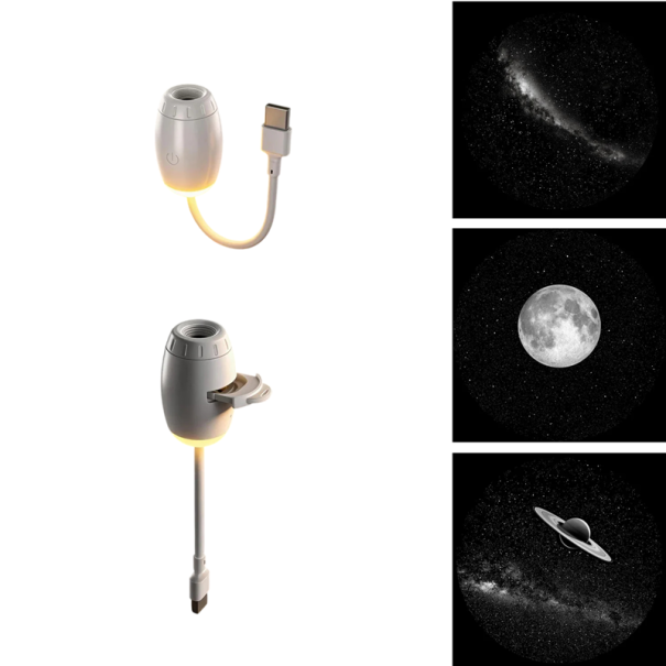USB projektor nočnej oblohy a mini lampička 2v1, 3 vymeniteľné disky Saturn/Mesiac/galaxia, ohybné rameno, biely, do auta aj izby 1